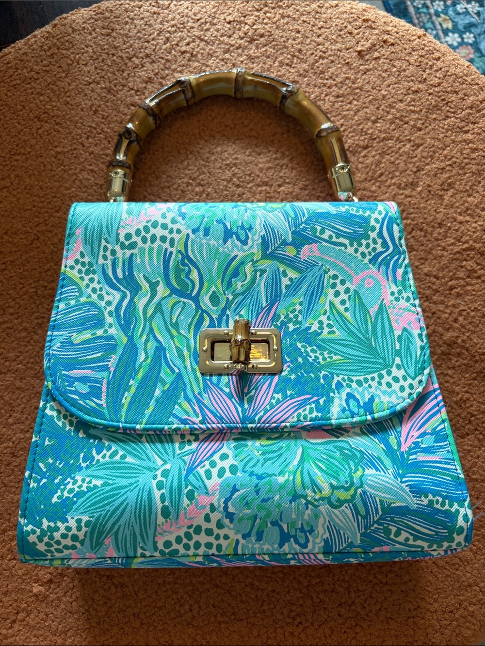 Lilly Pulitzer Bamboo-Handle Satchel in Teal and Pink Floral Print